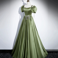 Green Satin Long Prom Dress, A-Line Short Sleeve Evening Dress - Thumbnail 1
