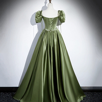 Green Satin Long Prom Dress, A-Line Short Sleeve Evening Dress - Thumbnail 2
