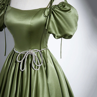 Green Satin Long Prom Dress, A-Line Short Sleeve Evening Dress - Thumbnail 3