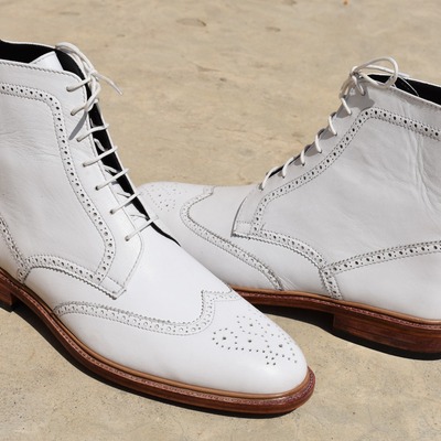 Men's white wingtip ankle high lace up handmade dress boot - Thumbnail 1
