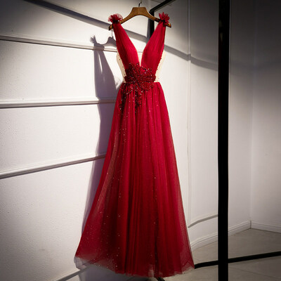 V-neck appliques empire sleeveless floor-length backless a-line tulle plus size women formal party gown