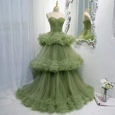 Long green party dress, high qulaity elegant dress,handmade