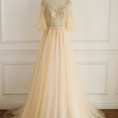 Gorgeous tulle champagne prom dress with beadings, a-line long formal gown