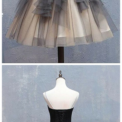 Sweetheart neck gray tulle homecoming dress short ruffles prom dress, party dress with applique