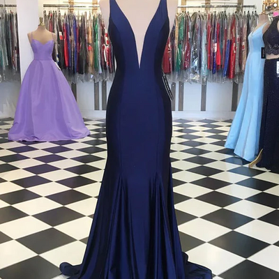 Deep v satin long prom dress, mermaid evening dresses
