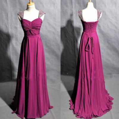 Elegant purple sweetheart floor length chiffon prom dress with beadings,