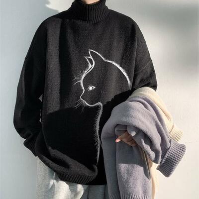 High neck thickened loose cat printing casual men's pullover - Thumbnail 4