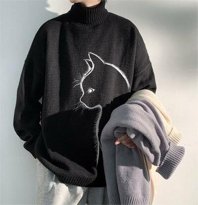 High Neck Thickened Loose Cat Printing Casual Men's Pullover