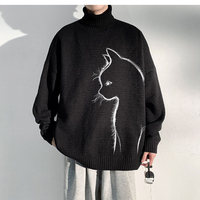 High Neck Thickened Loose Cat Printing Casual Men's Pullover - Thumbnail 2
