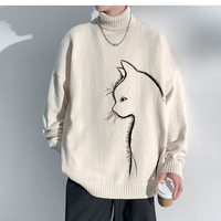 High Neck Thickened Loose Cat Printing Casual Men's Pullover - Thumbnail 5