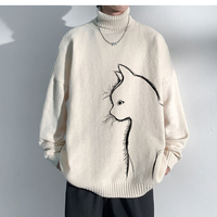 High Neck Thickened Loose Cat Printing Casual Men's Pullover - Thumbnail 7