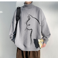 High Neck Thickened Loose Cat Printing Casual Men's Pullover - Thumbnail 6