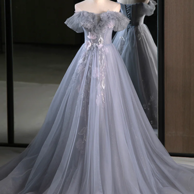 Gray tulle floor length prom dress, beautiful a line off the shoulder evening party dress kpp1558