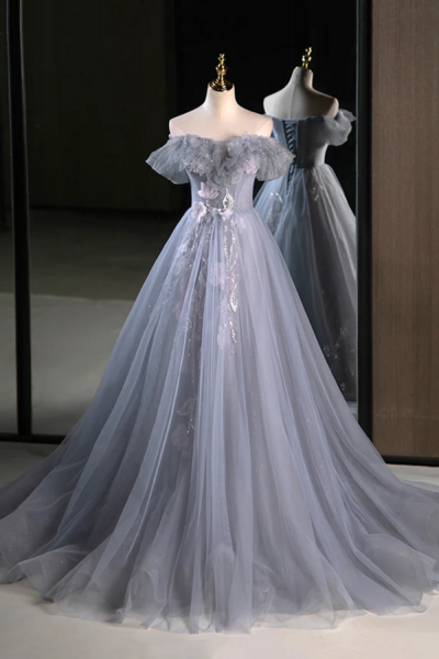 Gray Tulle Floor Length Prom Dress, Beautiful A Line Off the Shoulder Evening Party Dress KPP1558