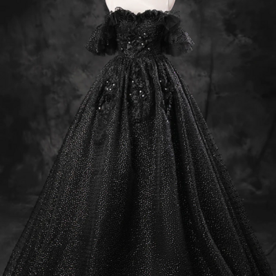 Black tulle lace long prom dress, black a line off the shoulder evening party dress kpp1559