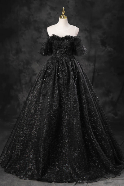 Black Tulle Lace Long Prom Dress, Black A Line Off the Shoulder Evening Party Dress KPP1559
