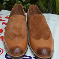 Brown Leather and Suede Wingtip Loafers Dress Shoes - Thumbnail 1