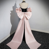 Black Spaghetti Strap Mermaid Evening Gown with Big Bow - Thumbnail 1