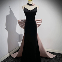 Black Spaghetti Strap Mermaid Evening Gown with Big Bow - Thumbnail 2