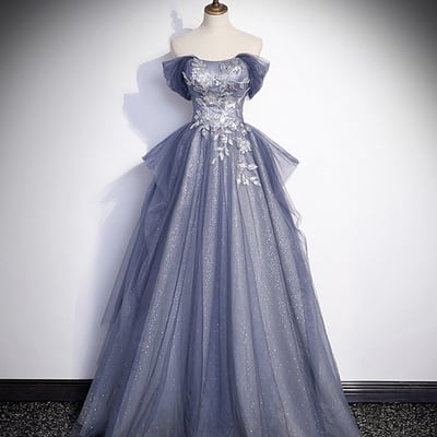 Blue tulle lace long prom dress, off the shoulder evening party dress - Thumbnail 1