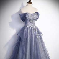 Blue Tulle Lace Long Prom Dress, Off the Shoulder Evening Party Dress - Thumbnail 1