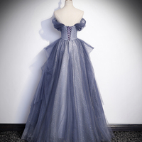 Blue Tulle Lace Long Prom Dress, Off the Shoulder Evening Party Dress - Thumbnail 2
