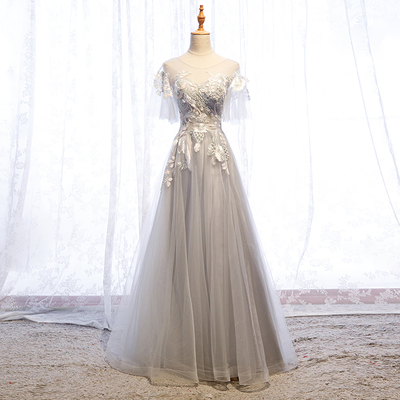 Gray tulle lace long prom dress formal dress
