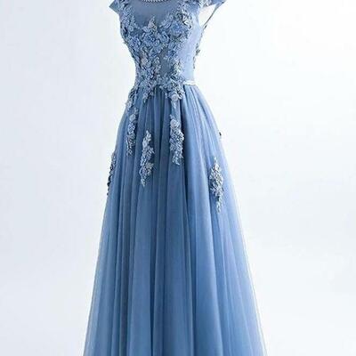 Elegant lace appliques cap sleeves tulle formal prom dress, 