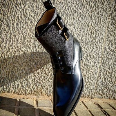 Men double buckle monk strap black calf leather dress ankle high long military boot - Thumbnail 3