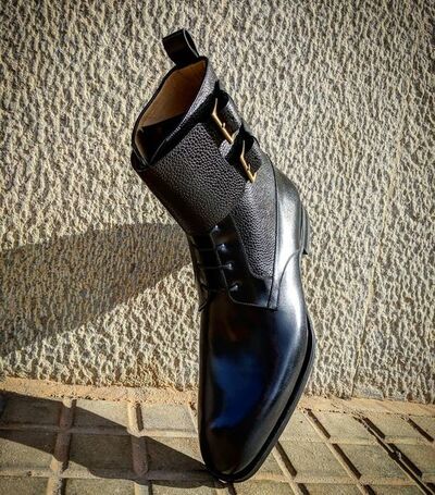 Men Double Buckle Monk Strap Black Calf Leather Dress Ankle High Long Military Boot