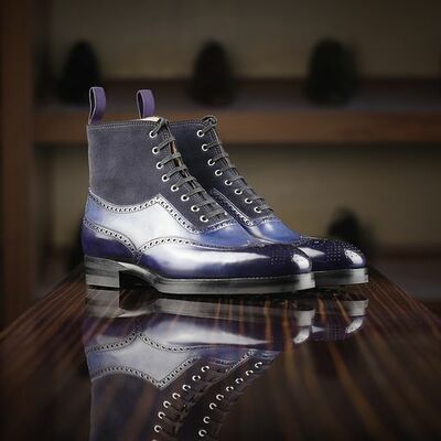 Men Two Tone Blue Suede Leather Ankle High Lace up Dress Boot
