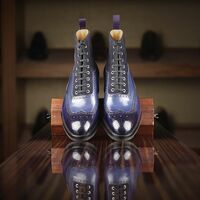 Men Two Tone Blue Suede Leather Ankle High Lace up Dress Boot - Thumbnail 1