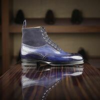 Men Two Tone Blue Suede Leather Ankle High Lace up Dress Boot - Thumbnail 2