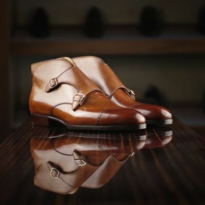 Cognac leather double monk ankle high boot - Thumbnail 3