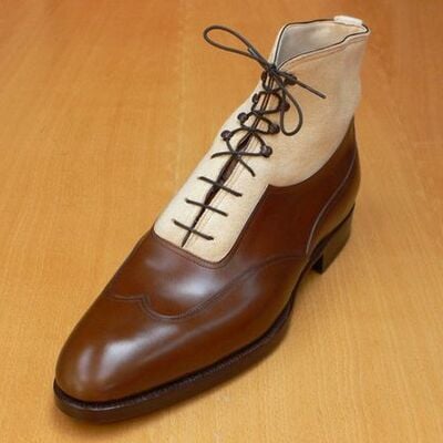 Brown leather and white suede wingtip lace up ankle high boot - Thumbnail 1