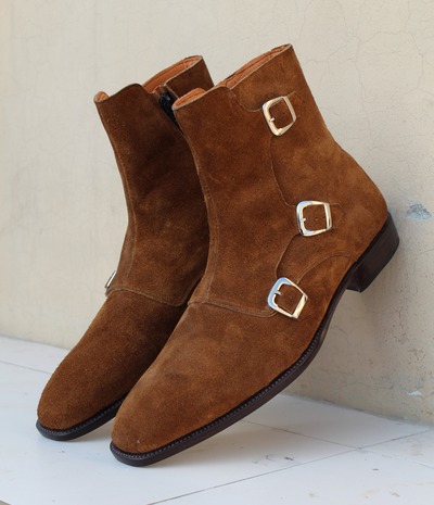 Brown Triple Monk Boots, Men Suede Leather Dress Boots, Handmade Boot