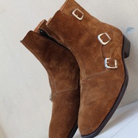 Brown Triple Monk Boots, Men Suede Leather Dress Boots, Handmade Boot - Thumbnail 3