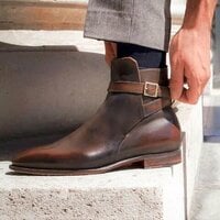 Handmade Wood Calf Patina Mens Ankle High Round Strap Dress Boot - Thumbnail 1