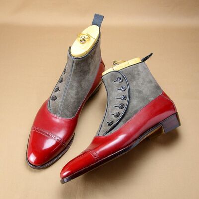 New handmade mens red gray suede leather button ankle high boot - Thumbnail 2