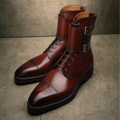 Handmade mens combat ankle high double monk strap boot - Thumbnail 4