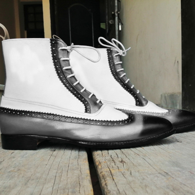New men's handmade black gray white ankle high leather lace up wing tip brogue boot - Thumbnail 5