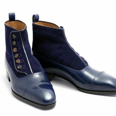 Men navy blue color high ankle derby cap toe suede genuine leather button dress boots - Thumbnail 4