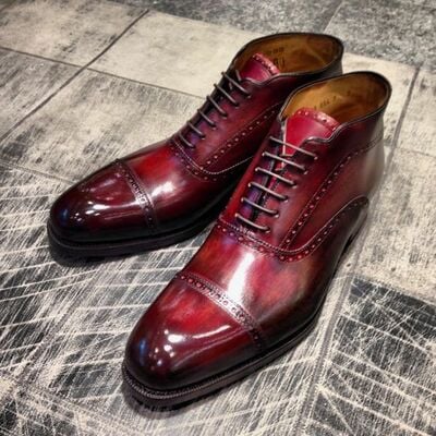 Two tone maroon red ankle high genuine leather men lace up dress boots - Thumbnail 2