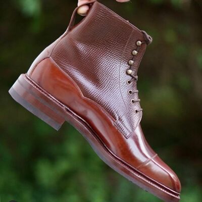 Handmade men classic brown leather ankle high lace up dress boot - Thumbnail 3