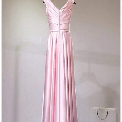 Pink v-neck satin a-line floor length prom dresses party dresses