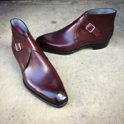 Men's single monk high ankle burnished plain toe maroon red real leather boots - Thumbnail 3