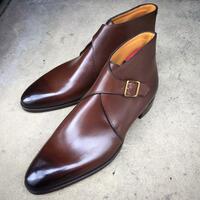 Handmade Brown Leather Single Monk Buckle Strap Ankle High Mens Boot - Thumbnail 1