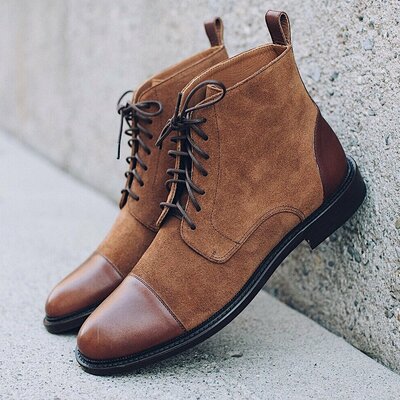 Mens Two Tone Brown Suede and Leather Ankle High Dress Boot