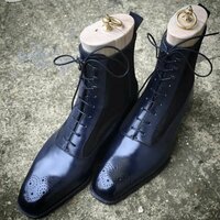 Blue Black Combination Leather / Suede Ankle High Lace up Balmoral Boots - Thumbnail 2