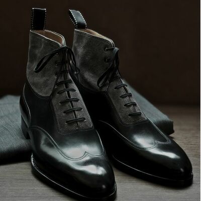 Black leather and grey suede ankle high lace up balmoral boot - Thumbnail 4